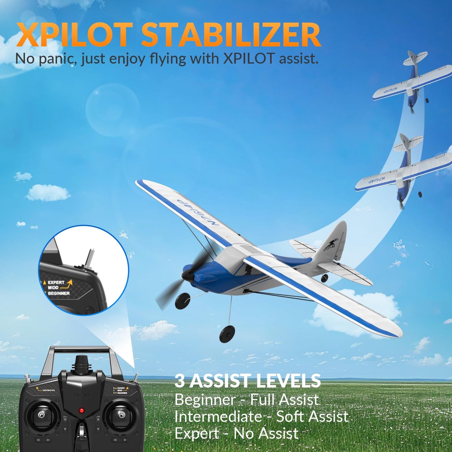 VOLANTEXRC RC Plane Trainer Sport Cub 4CH Remote Control Airplane with Prop Saver, 6-Axis Gyro Stabilizer & 3 Modes to Fly, Radio Controlled Aircraft RTF for Beginners & Adults (500mm,Blue)