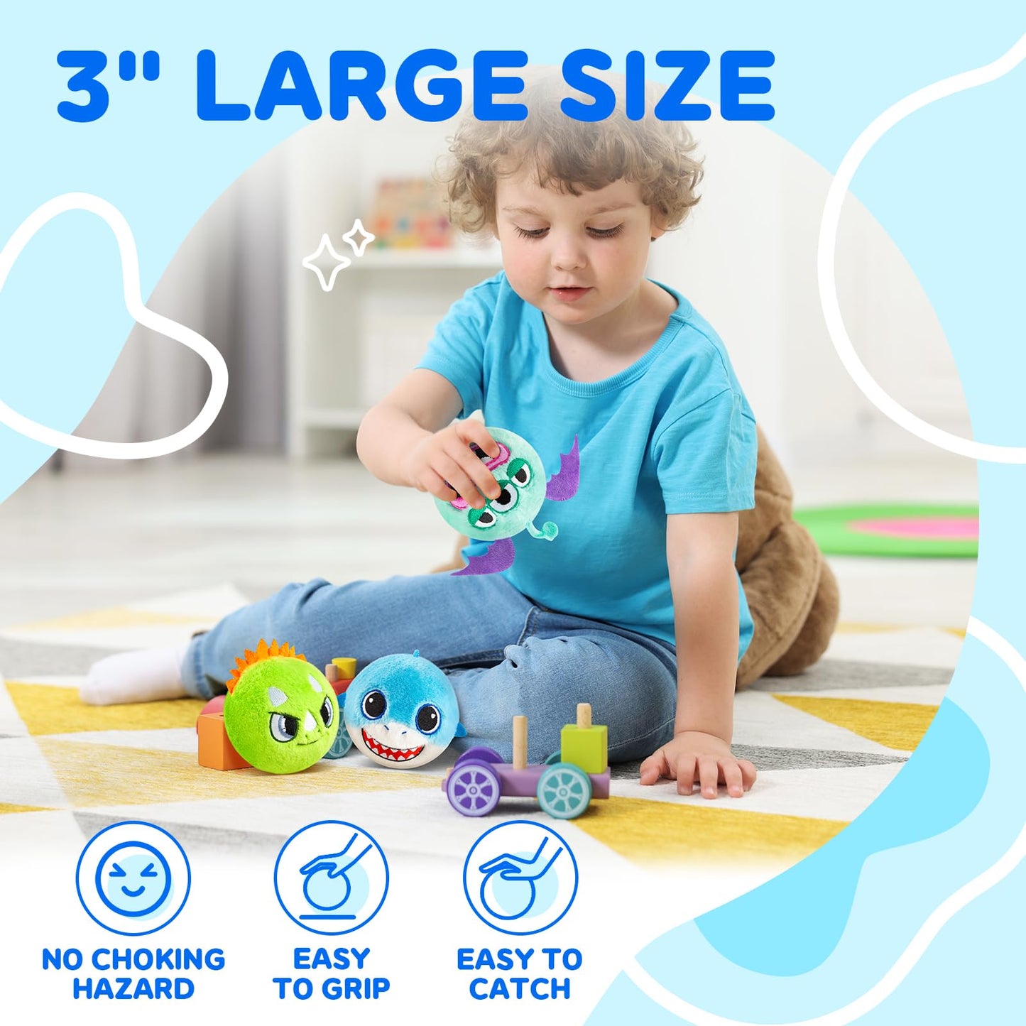 PlayZap Bouncy Balls 3" Big with Stuffed Animal 3 Pack - Soft Balls for Toddlers & Babies Plush Cover BPA-Free, Sensory Toys - Cute Bunny Shark Unicorn Design Ideal Gifts for Boys Girls