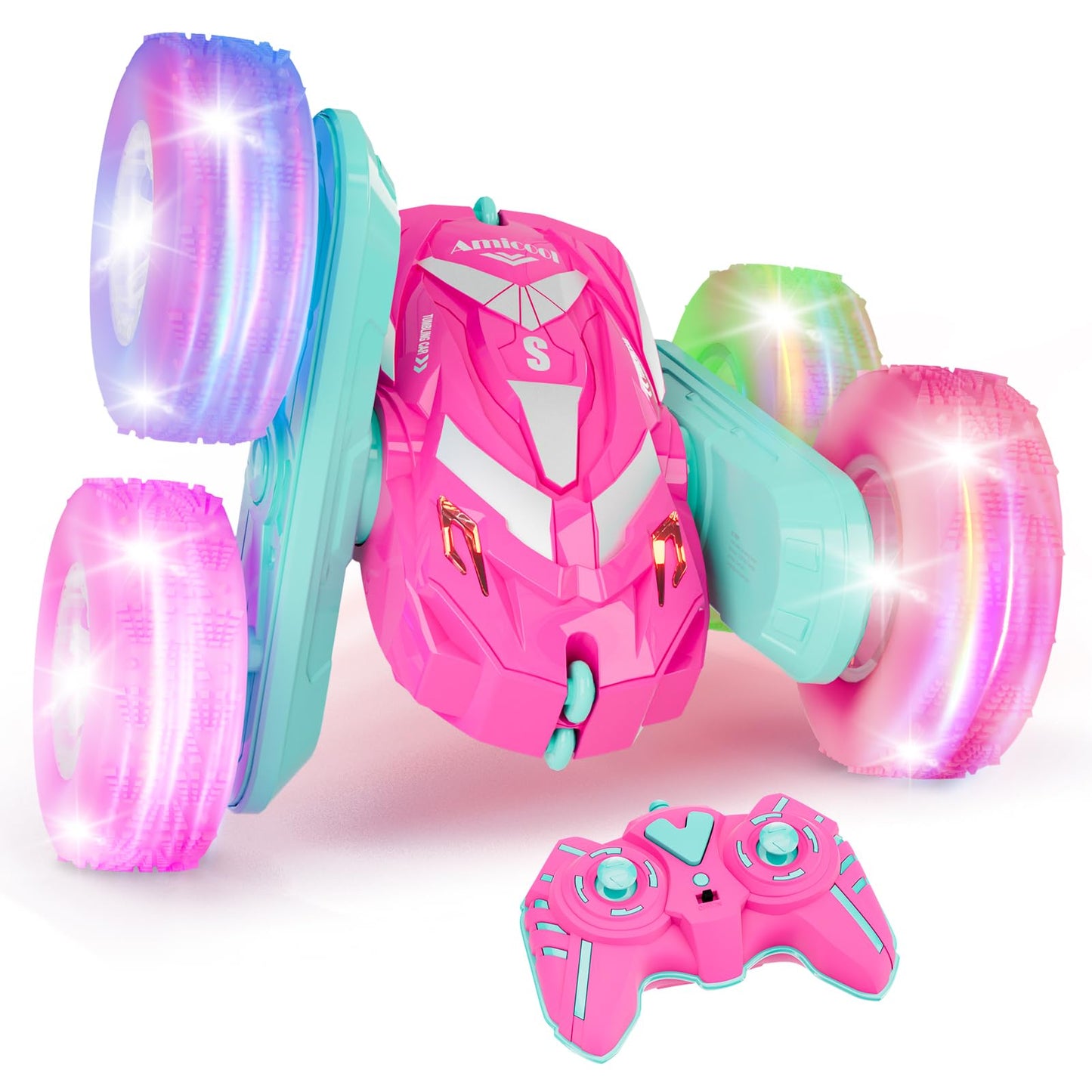Amicool Remote Control Car for Girls 6-12 with Flashing Light, Toys 6 7 8 9 Years Old Girl Birthday Gifts Idea, RC Cars Stunt 4WD 2.4Ghz Double Sided 360° Flip, Present for Kids, Christmas, Pink