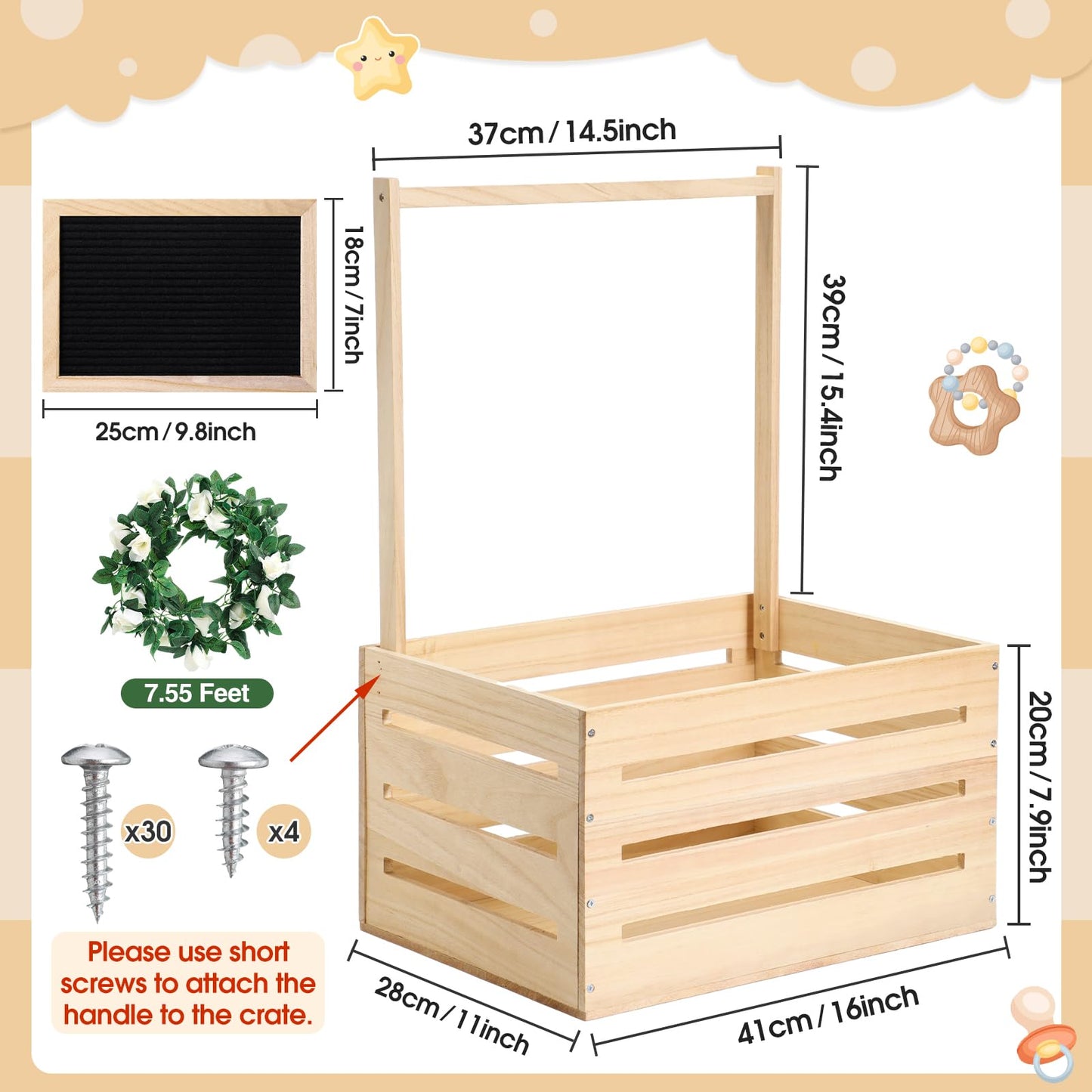 Barydat Wooden Baby Shower Crate Closet, Basket with Handle and Felt Letter Board Kit Garland Baby Shower Wooden Gift Crate Personalized Basket for Pregnancy Announcement New Parent(Wood)