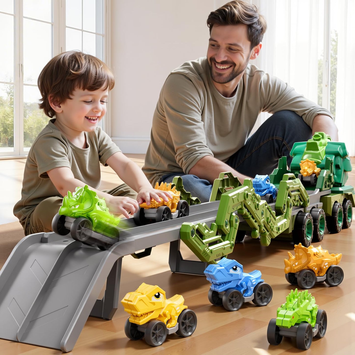 PEADUCK Toddler Car Truck Toys for Kids Ages 3-5, 10-in-1 Dinosaur Carrier Truck with Foldable Track Toys with Spray, Light & Sounds and 9 Dino Cars, Birthday Gift for 3 4 5 6 7 8 Years Old Boys Girls