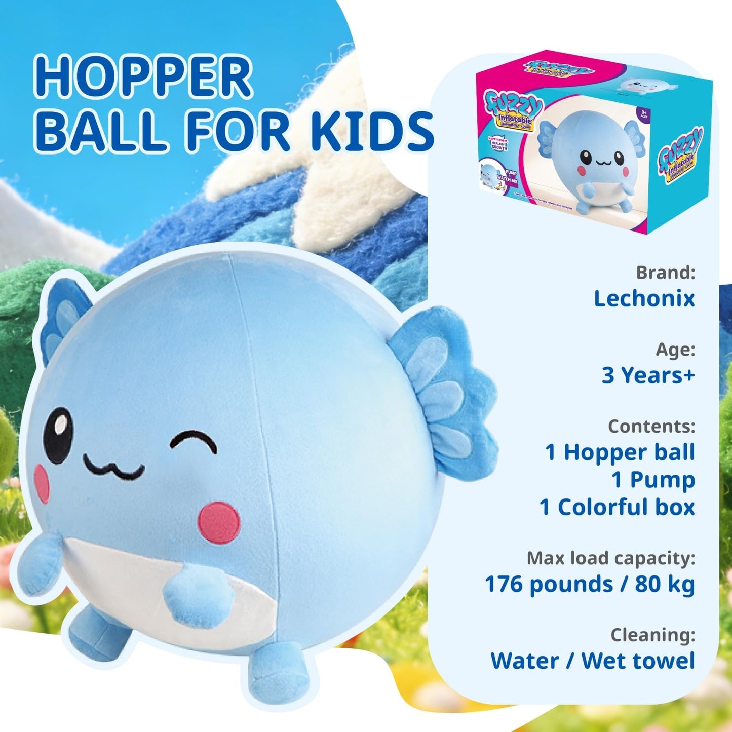 Lechonix Bouncing Balls for Kids, 29in/73cm Axolotl Plush Axolotl Toys for Girls, Inflatable Ride on Bouncer W/Pump Bounce Ball Support Up to 176 Pounds, Indoor Outdoor, Blue(5-7 Years)