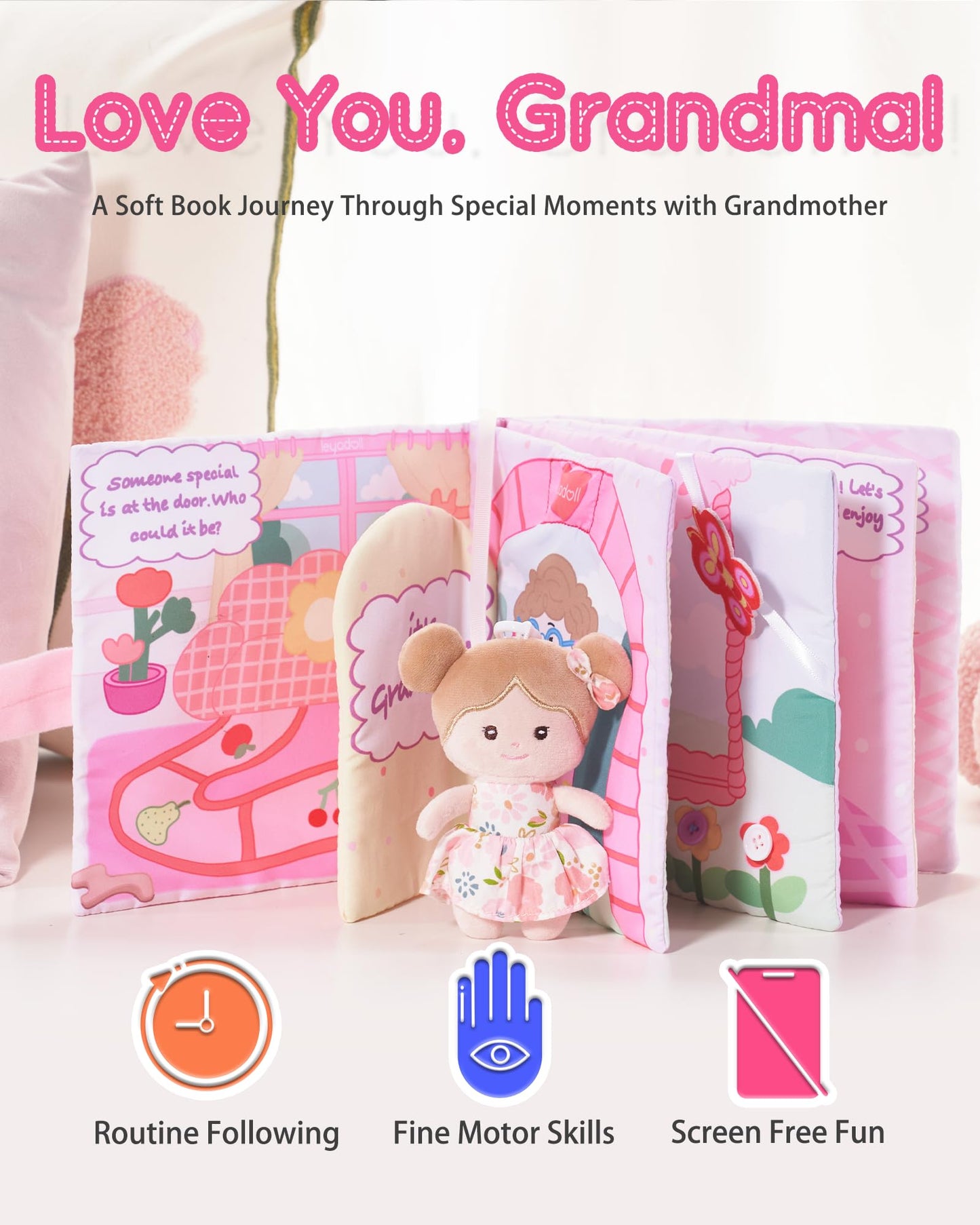 LeyaDoll Interactive Sensory Soft Cloth Book, Educational Crinkle Quiet Activity Busy Book for Babies,Toddler Travel Toy Gift for 1-3 Year Old Boys and Girls-(Look Its Grandma)-Light