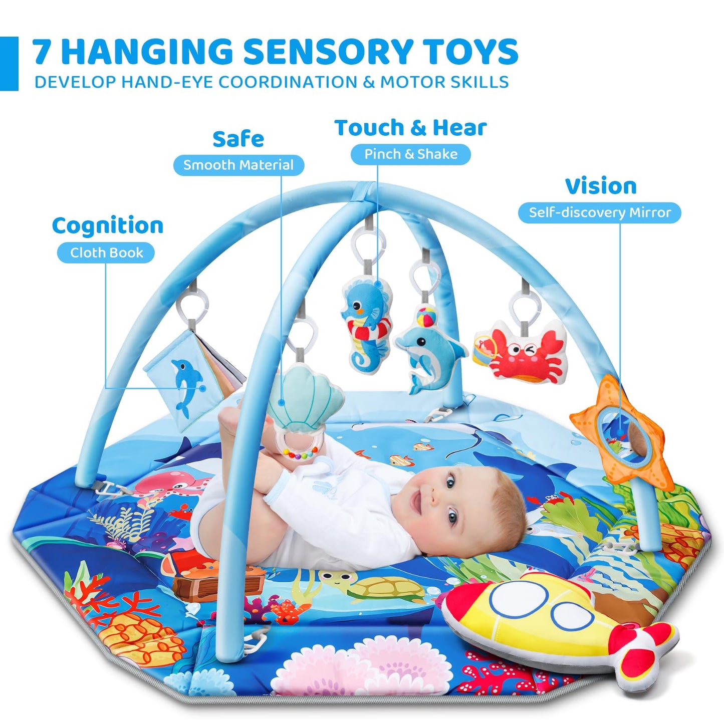 Baby Gym Play Mat, 8-in-1 Ocean Theme Tummy Time Mat & Ball Pit, Washable Baby Activity Play Mat for Visual, Hearing, Sensory, Motor Development, Baby Toys Gift for Toddler Infant 0-3-6-9-12-18 Months