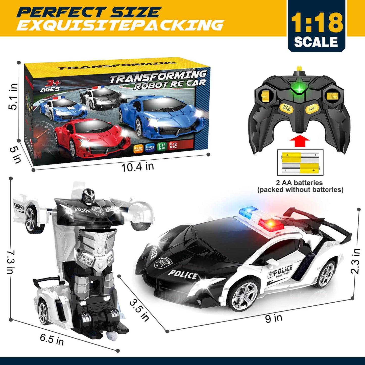 Dolanus Remote Control Police Car - RC Car Transform Robot, Flashing Light, 2.4Ghz, 360 Degree Rotating, Toys for Ages 5-7, Kids Toys, Birthday Gifts for 3 4 5 6 7 8 10 12 Years Old Boy (Black)