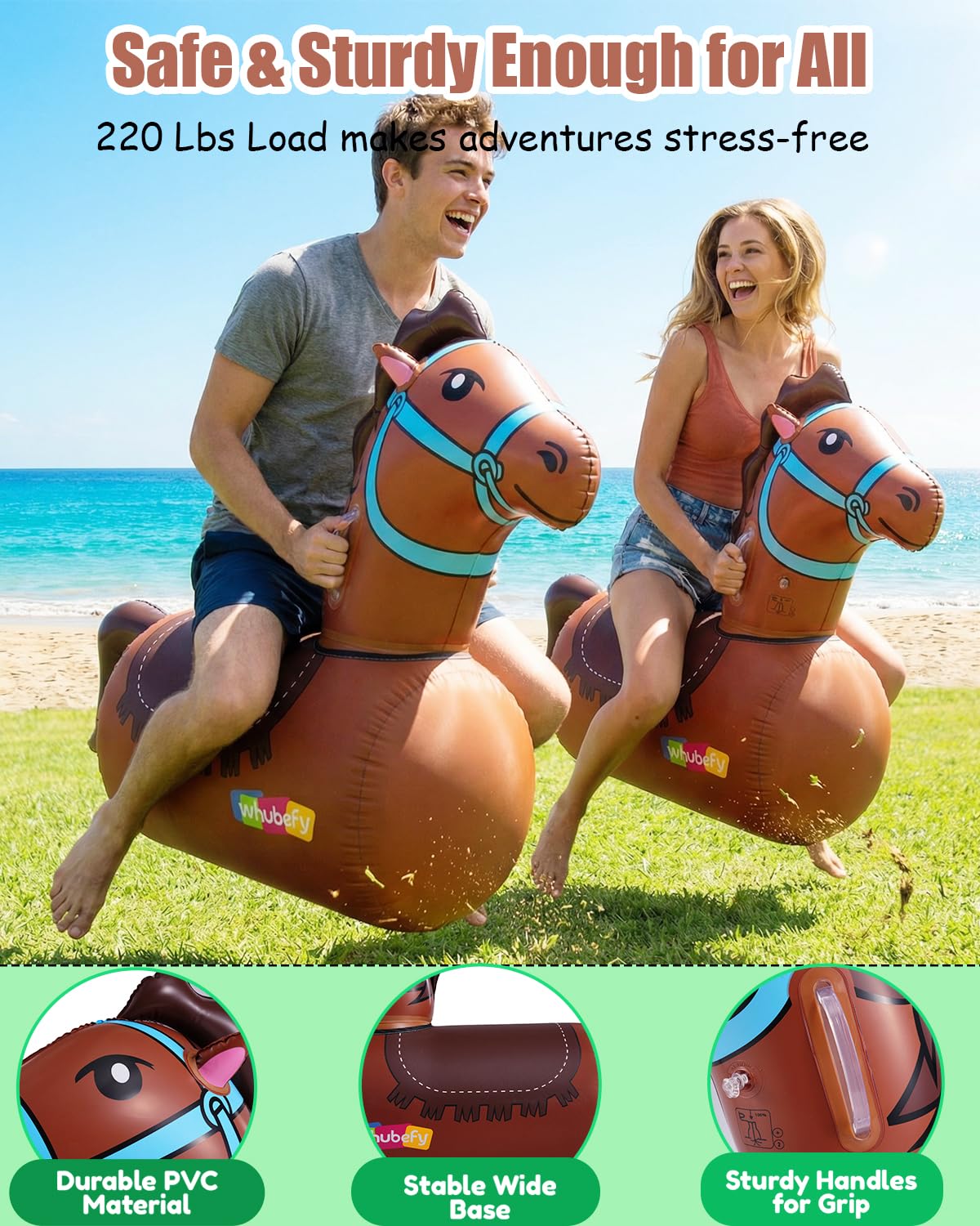 Whubefy Giant Infatable Bouncy Horse Toys, 2 PCS Thick PVC Ride On Bouncer Animal Hopper Jumping Toys with Pump for Indoor Outdoor Play, Puncture-Resistant Bouncer for Kids Teens Ages 5+, 220 lbs