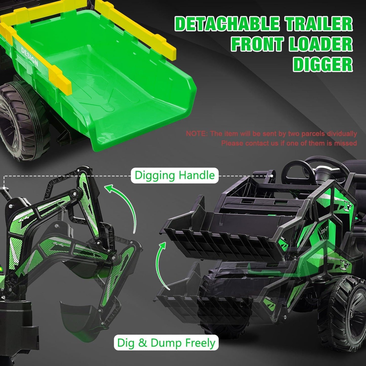 3-in-1 Ride on Tractor, 24v Ride on Car Toy Excavator & Bulldozer