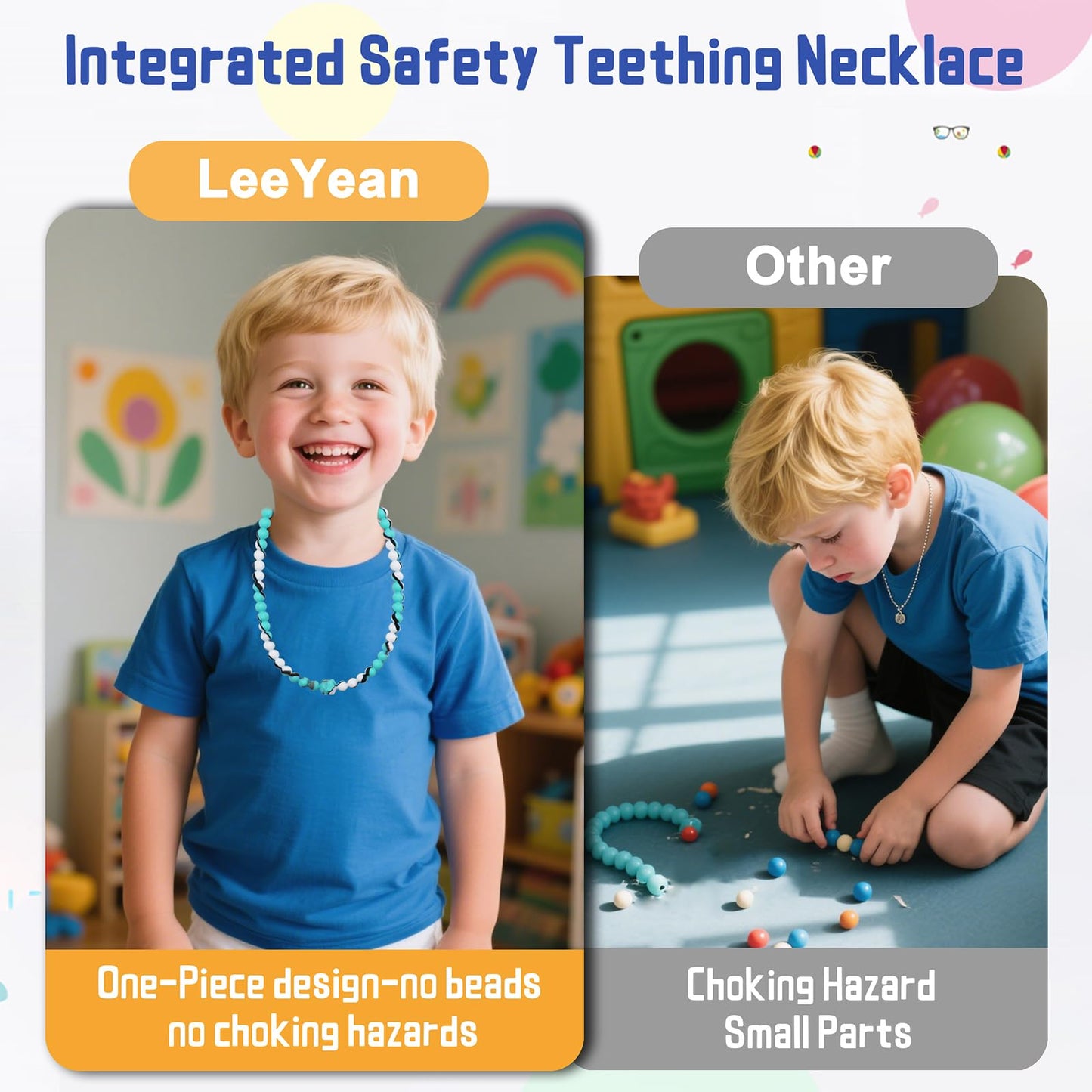 Chew Necklaces for Sensory Kids, 2 Pack Chewy Necklace Sensory to Reduces Anxiety and Stress, Integrated Safety Design Teething Necklace for Baby, BPA Free