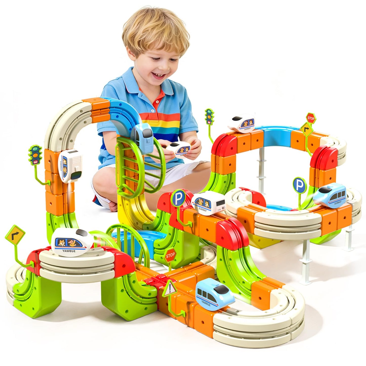 LWuuywa Electric Train Set for Kids, 242Pcs DIY Cube Track Block Toy with Traffic Signs, Gravity-Defying Motorized Trains Tracks Toys for Boys Girls Ages 3+, STEM Learning Fun Gift