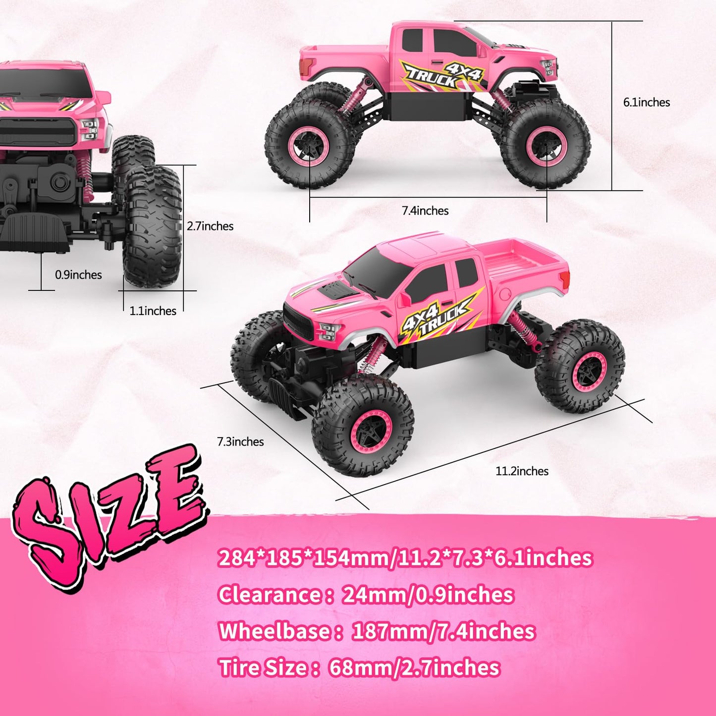 Double E Raptor F150 RC Car 4WD 2 Motors Monster Trucks for Girls, 11 Inches Off Road Crawler Vehicle Truck Toy with Rechargeable Battery Gift for Kids 6 7 8 9 10 11 12 Years-Pink