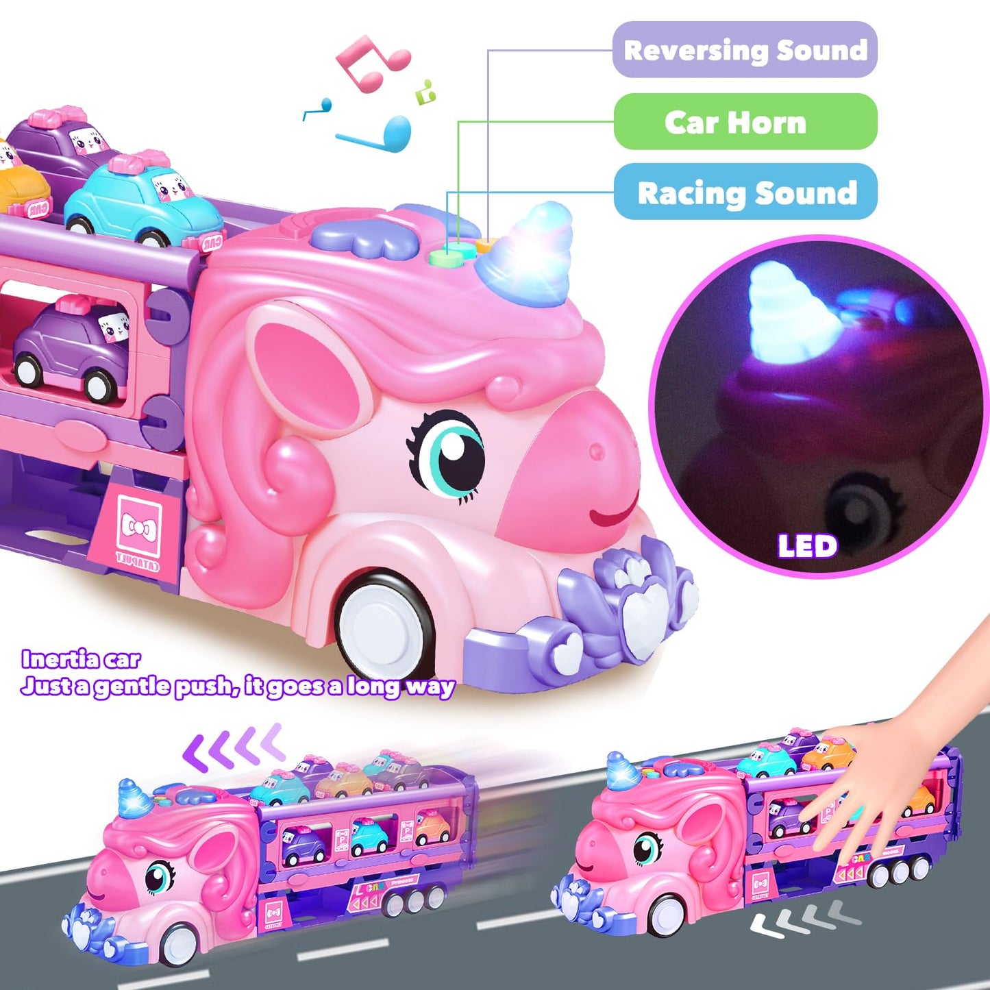 Unicorn Truck Toys for 2 3 4 5 6 7 Year Girl Toddler Foldable Track 2 Player Race Mode Friction Power Toy Cars Light&Sound Push Transport Carrier W/ 6 Princess Cars Birthday Gift Idea for Kids Girls