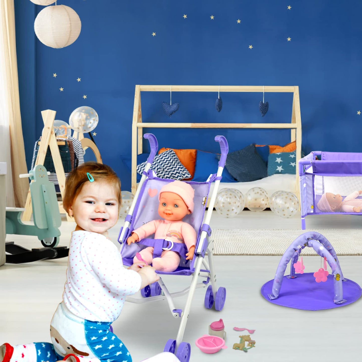 ANIVIA Baby Doll Stroller Set - Includes Stroller, Crib, Play Mat, Feeding Toy, Diaper Bag - Nursery Role Play Set (11" Doll Included)