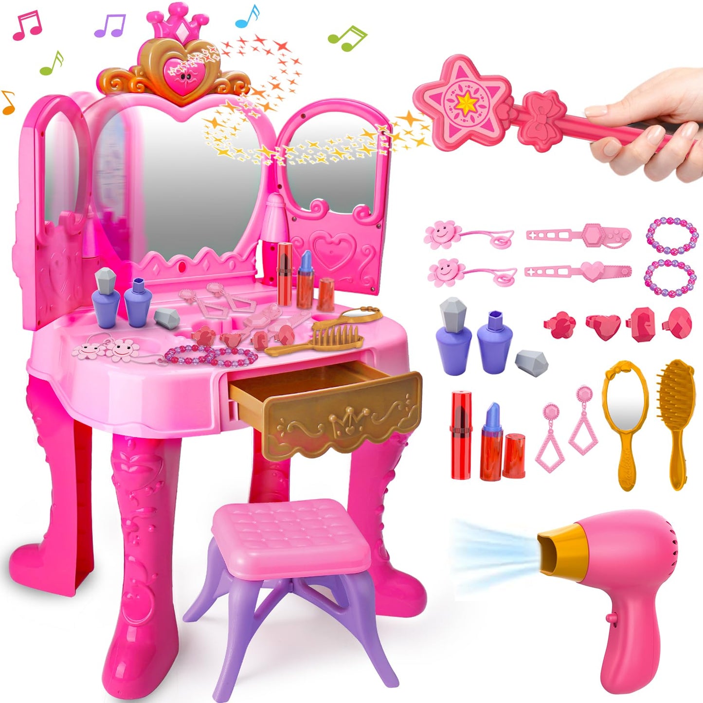 Toddler Vanity Magic Makeup Set Table & Chair Girl Toy Automatically Mirror with Music Light Pink Toys for 2 3 4 Year Old Girl Hair Salon Pretend Play Princess Dress Up Playset Valentine Gift Age 3-5