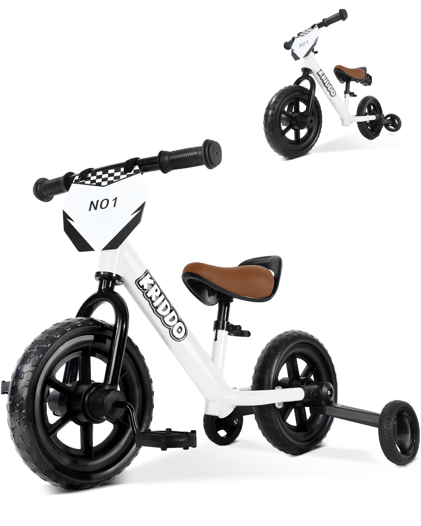 KRIDDO 2-in-1 Kids Tricycle and Toddler Balance Bike 2 Year Old, Detachable Pedals and Stowable Training Wheels, DIY Plate, Riding Trikes Toy for Ages 18 Months to 3 Years, White