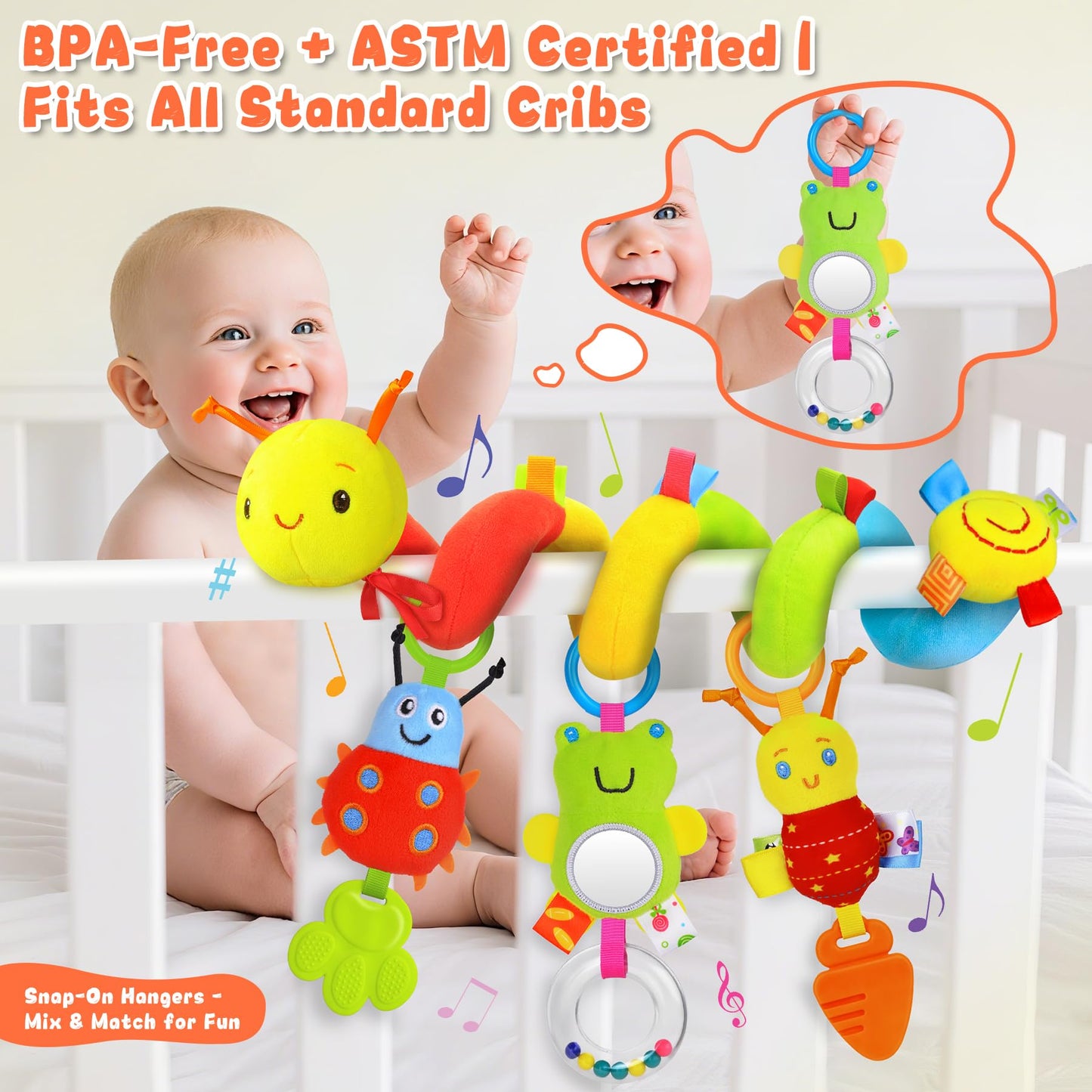 Zendstanding Spiral Car Seat Toys for Infants, 0-6 Months Carseat & Stroller Pram Separable Activity Hanging Toys with Rattle, Teethers, Newborn Soft Plush Travel Toy for Boys Girls Essentials Gifts