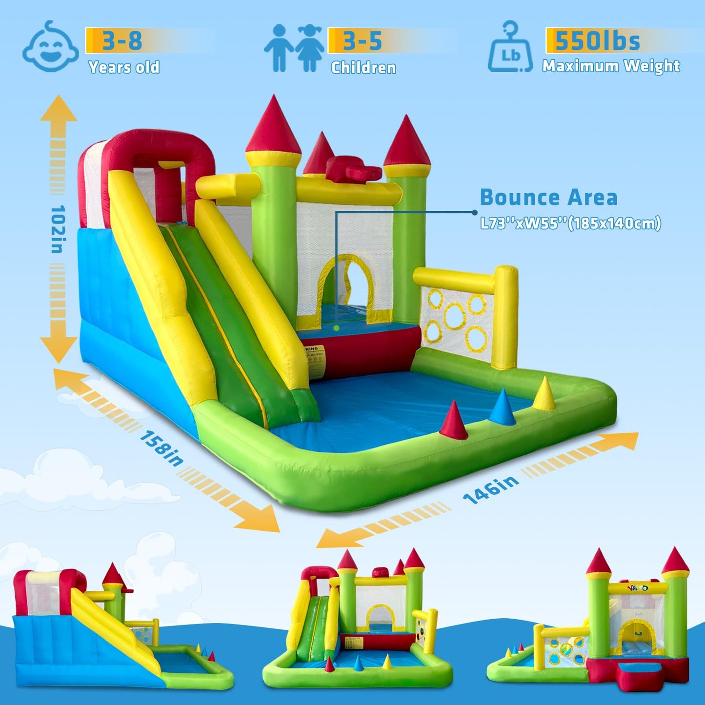 YARD Bounce House for Kids 3-6, 8-in-1 Inflatable Bouncy Castle with Slide, Blower, Ball Pit, Climb Wall, 12x13x8.5FT Jump House for Big Toddlers for Indoor & Outdoor Backyard Party Family Gathering