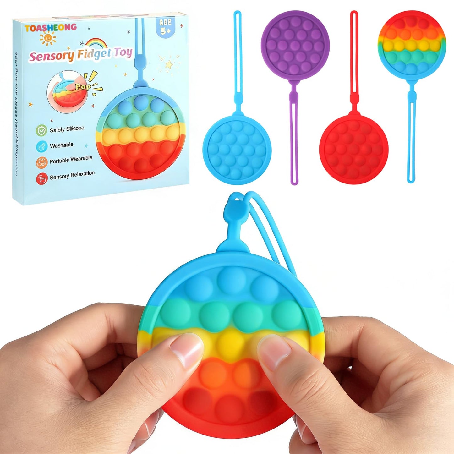 Instant Rebound Fidget Toy with Wrist Strap, No Flip Push Pop Sensory Toy, Continuous Press Bubble Toy for Kids and Adults, Silicone Stress Relief Toy, Keychain Fidget for Travel and School (Rainbow)