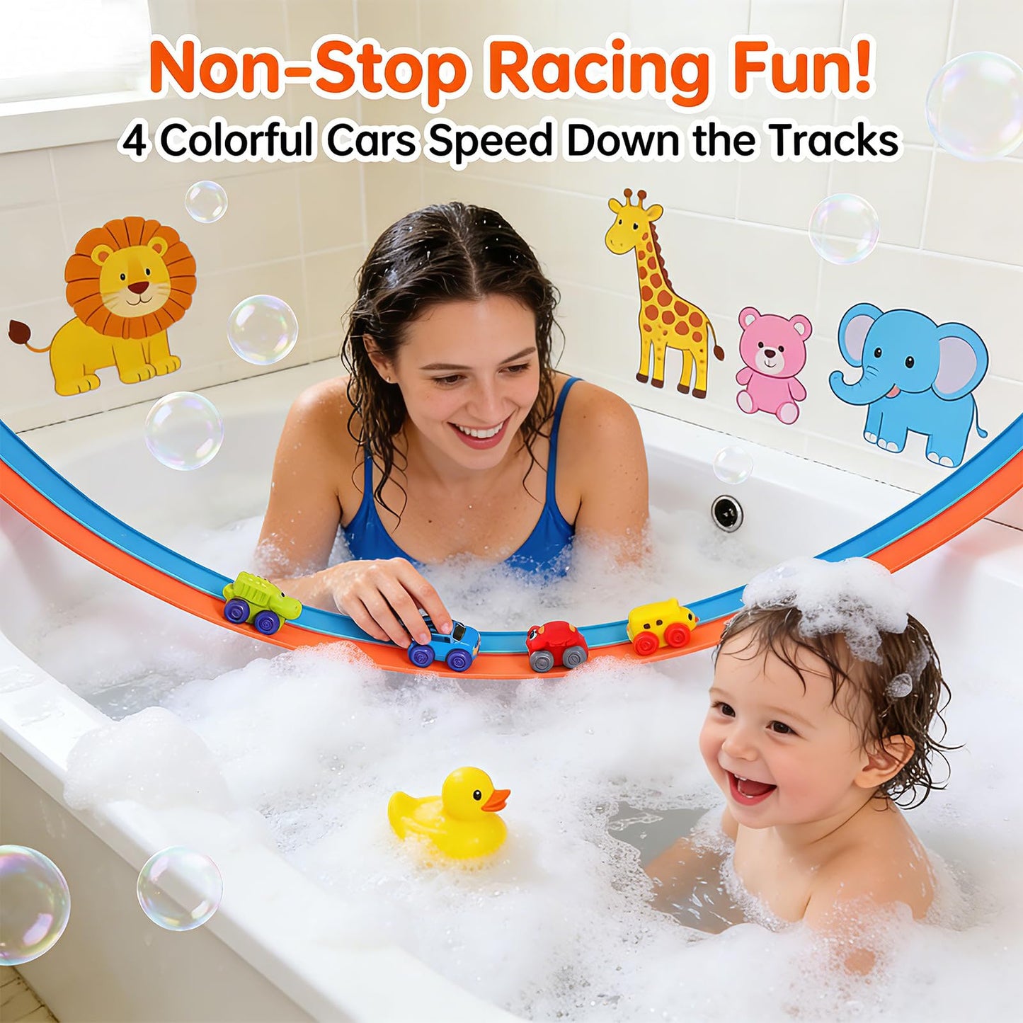 5 Ft Race Car Bath Toy Set, Toddler Bath Toys, Race car Set for Kids Ages 3+, Bathtub Time Birthday Gift for Boys & Girls, Including Mesh Storage Bag and 3 Suction Cup (Orange)