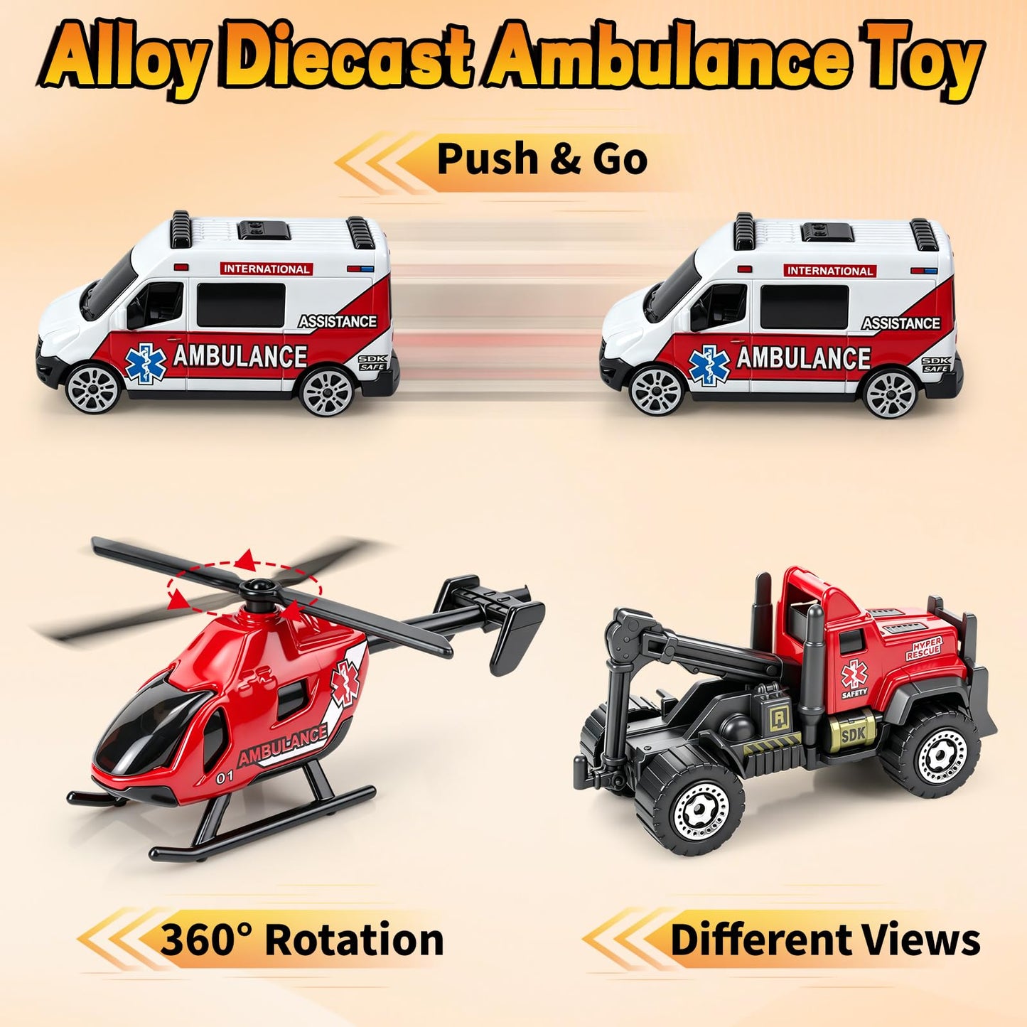 6 Pack Diecast Ambulance Toy, Mini Alloy City Rescue Emergency Vehicle Toys Playset Helicopter Toy Trucks for Boys Age 4-7 8 9 Years Old, Car Toys for Kids Toddlers Party Favors & Birthday Gift