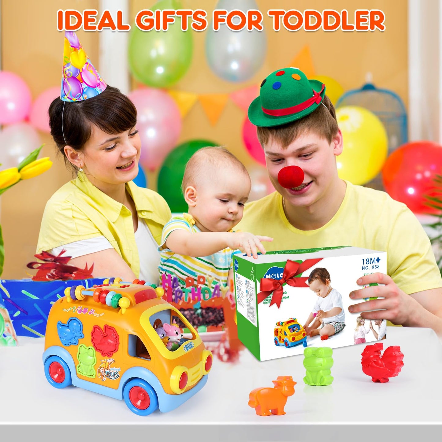 Toy Cars for 2 Year Old Boy Toys, Baby Boy Gifts, Musical Learning Crawling Toys for Toddlers 2-3, Educational Baby Bus with Animal Blocks, Christmas Birthday Gift for 2 3 4 Year Old Boys Girls Kids