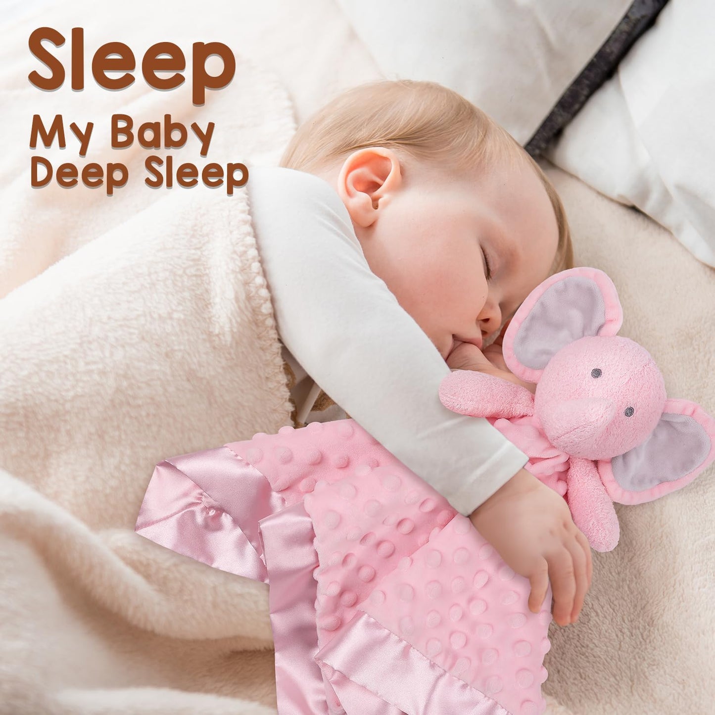 MOVEPAI Baby Security Blanket, Soft Baby Lovey Toy Blanket for Girls, Snuggle Toy Lovie Newborn Gift, Stuffed Animals Pink Elephant 16 Inch