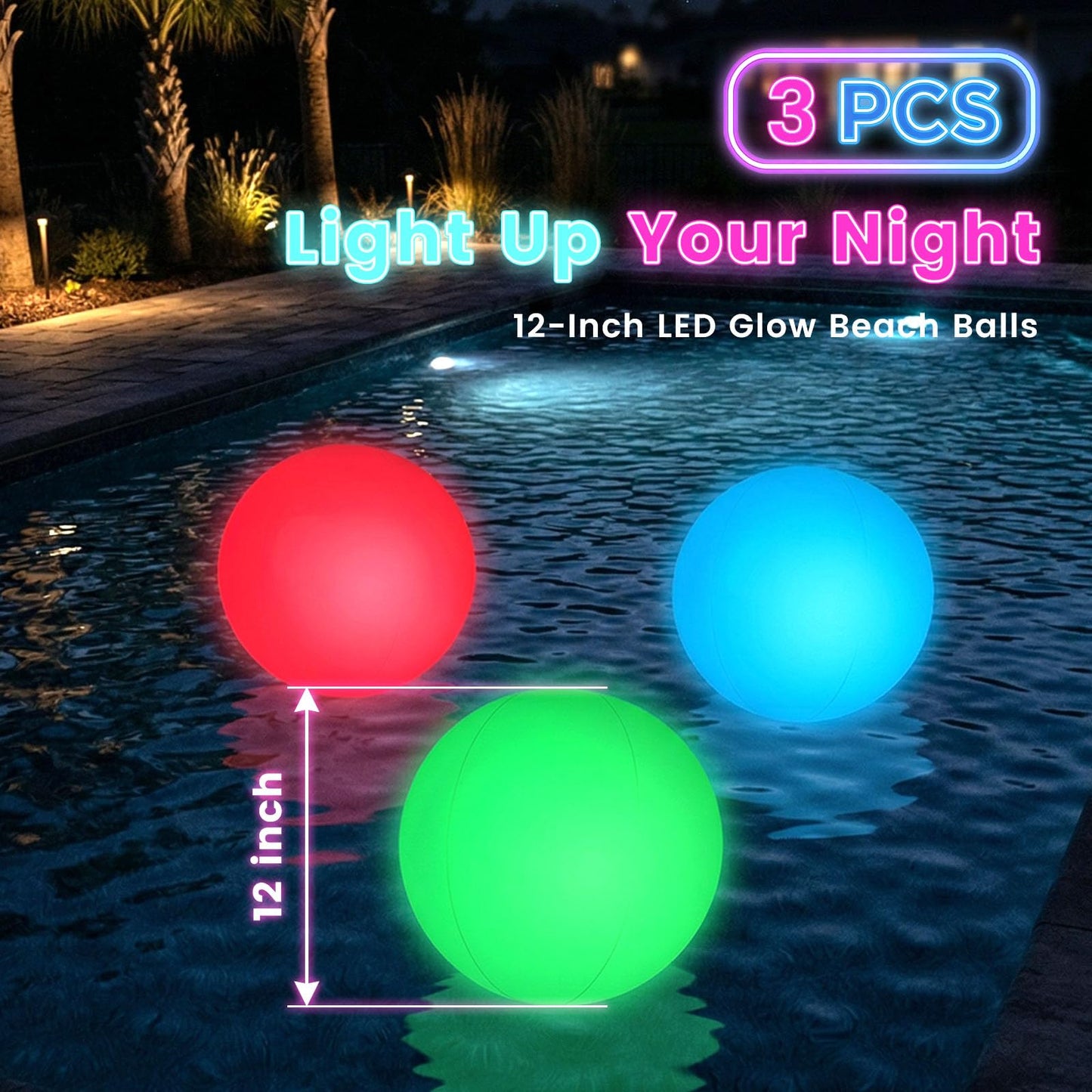 FUTUREPLUSX Pool Toys, 3PCS Light Up Beach Balls with Remote-Control 12 Inches Glow in The Dark Water Toys, for Outdoor Pool Beach Party Games and Decorations