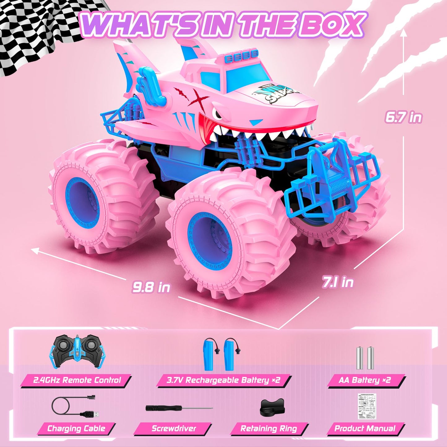 Salazaza Waterproof Shark Remote Control Car, 1:16 Amphibious RC Cars 4WD All Terrain Off Road Monster Trucks Toys, RC Truck Toys for Kids 3-5 6-8 8-12 Year Old Girl Birthday Gift, Pink