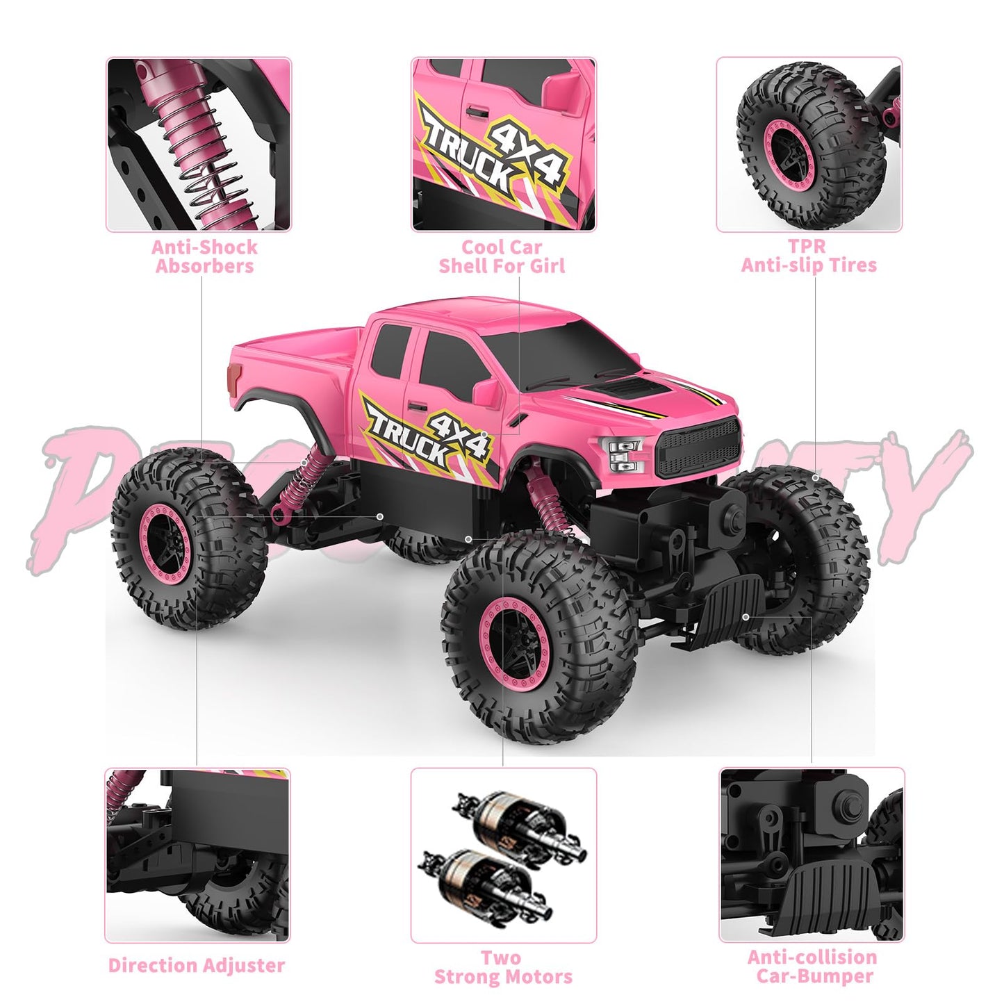 Double E Raptor F150 RC Car 4WD 2 Motors Monster Trucks for Girls, 11 Inches Off Road Crawler Vehicle Truck Toy with Rechargeable Battery Gift for Kids 6 7 8 9 10 11 12 Years-Pink