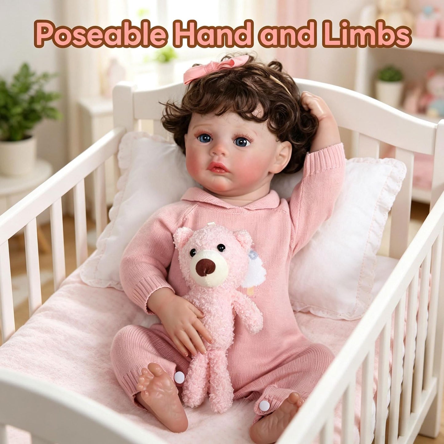 Tookyhill 16 Inch Lifelike Reborn Baby Doll, Full Vinyl Body, Poseable Limbs, Pink Knit Outfit & Plush Bear Toy, Realistic Newborn Doll Gift for Toddler Girls Age 3+ (Pink Bear)