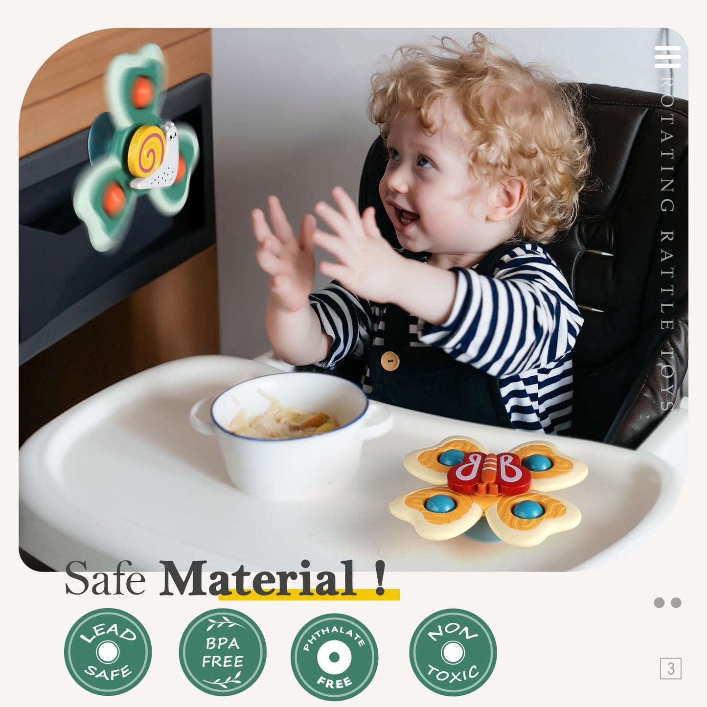 ALASOU 6 PCS Suction Cup Rotating Toys(3 Bee+3 Space) for Infant and Toddlers