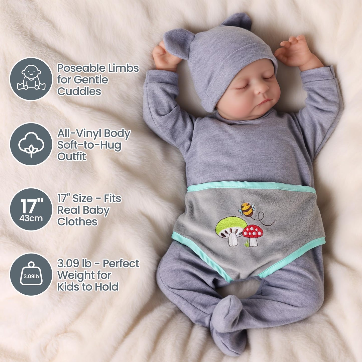 JIZHI Lifelike Reborn Baby Dolls - 17 Inch Realistic Newborn Baby Doll Real Life Realistic Baby Dolls Poseable Body Sleeping Baby Boy with Feeding Kit for Children 3+