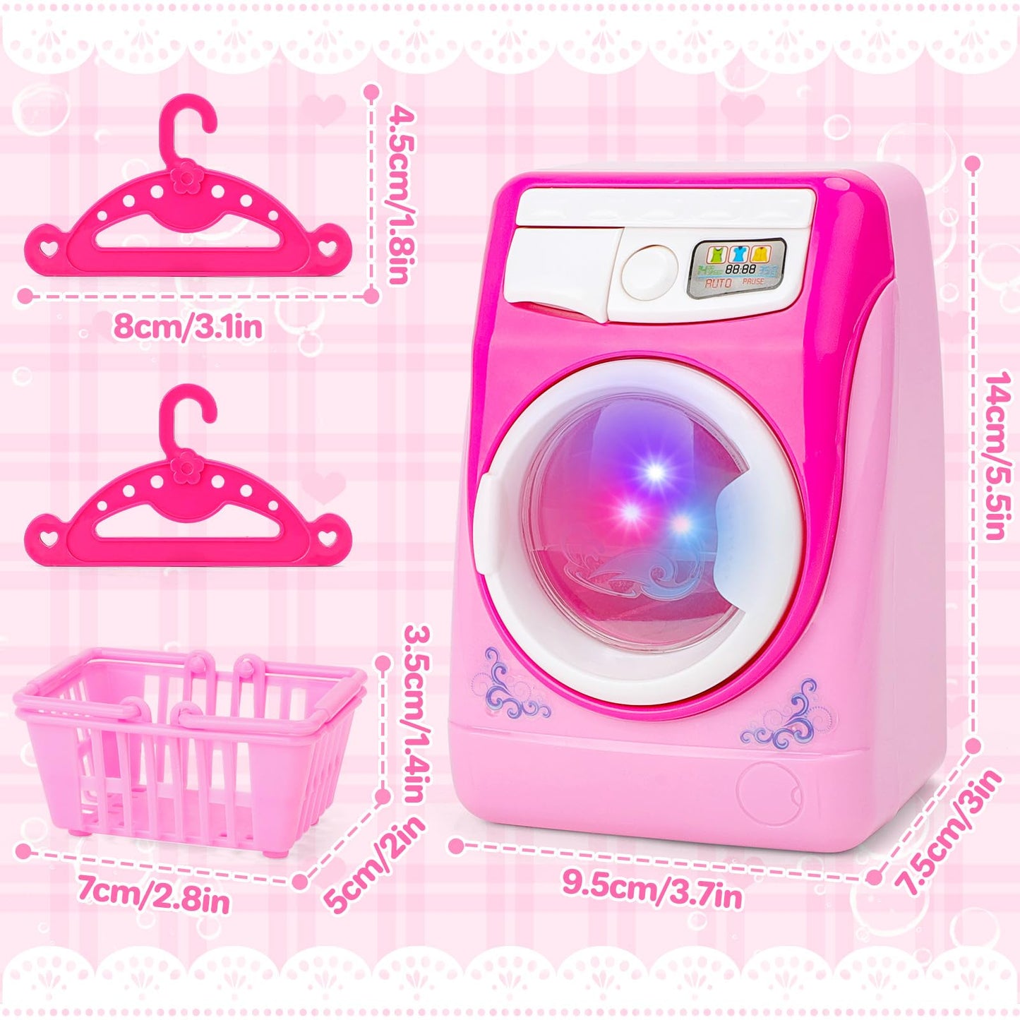 deAO Washing Machine Toy for Kids Dollhouse Furniture Pretend Play Household Appliance Laundry Play Set with Rotatable Roller for Boys Girls
