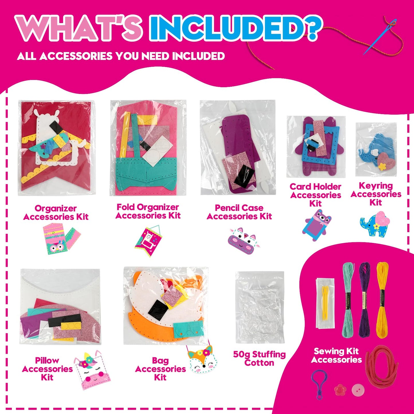 Sewing Craft Kit for Girls: DIY Felt Sewing Kit for Kids Ages 5-10, 7 Fun Projects with Stuffed Animals & Pillows, Learn to Sew Kit for Beginners, Ideal for Christmas & Birthday, Arts & Crafts Ideas