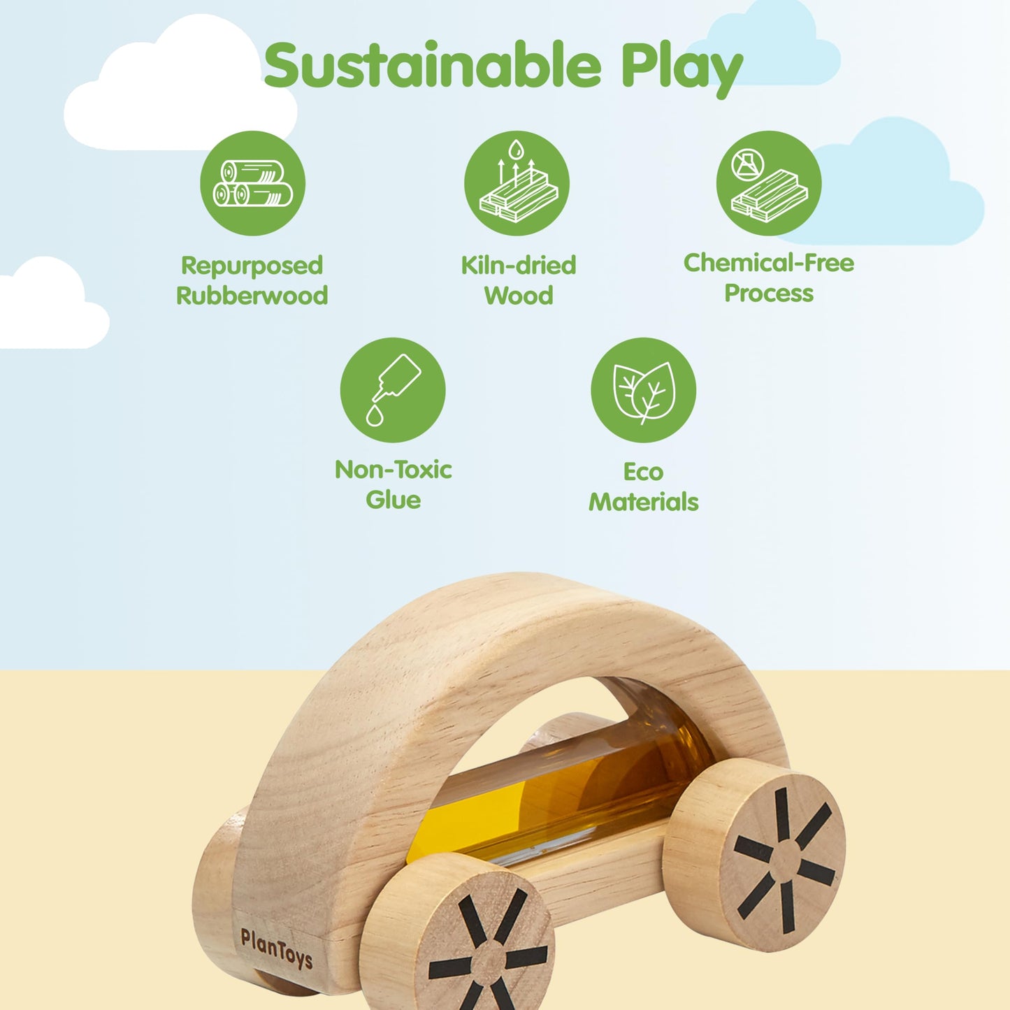 PlanToys® Wautomobile – Yellow | Montessori Wooden Toy Car for Toddlers | Water-Filled Sensory STEM Vehicle | Educational Cause-and-Effect Toy for Kids | Eco-Friendly, Safe & Durable
