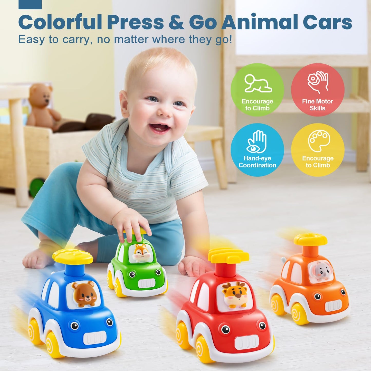 TooyBing Press and Go Car Toys for Toddlers 1-3, 4 Pack Animal Baby Car Toys for 1 2 Year Old Boy, Push Go Friction Vehicle Toys for Infants 12-18 Months, One First Birthday Gifts for Boys Girls