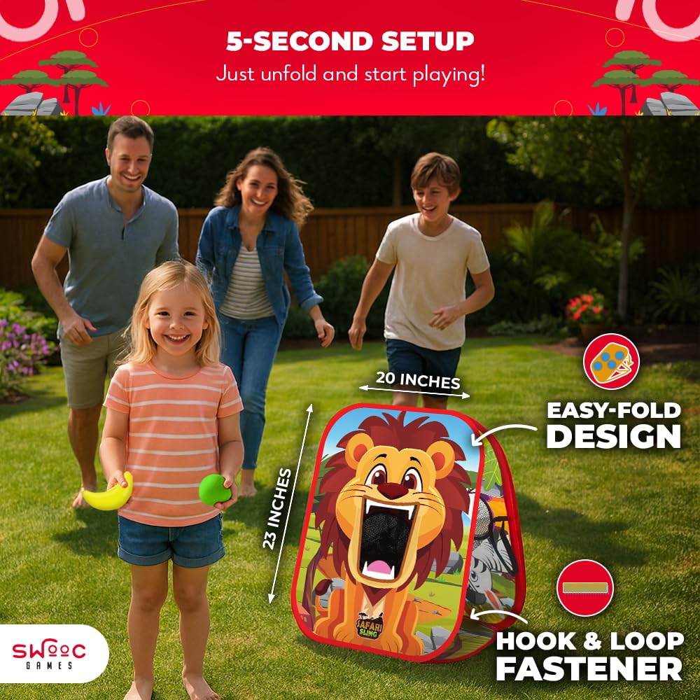 Swooc Games - Safari Sling | 2-in-1 Bean Bag Toss Game for Kids | 5-Second Setup Kids Cornhole Game Set | Outdoor Toddler Activities | Backyard Party Games | Corn Hole Set Toddler Bean Bag Toss