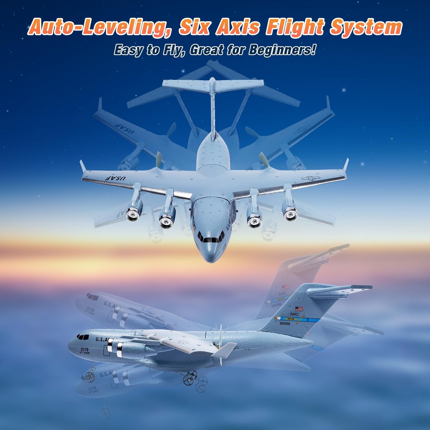 RC Airplane, 2CH RC Plane Ready to Fly, 2.4GHz C-17 Remote Control Airplane with 6-axis Gyro Stabilizer Globemaster III Military Transport Aircraft for Beginners Boys Kids Adults Patent Pending