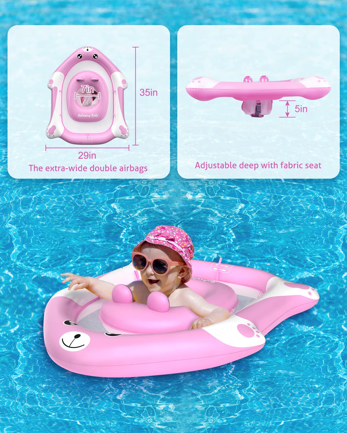 Relaxing Baby - Pool Float with Adjustable Seat Pocket,Baby Swimming Float with Canopy of UPF 50+ UV Protection, Super Safety Bear-Shaped Baby Floats for 6-36 Months,Pink Bear