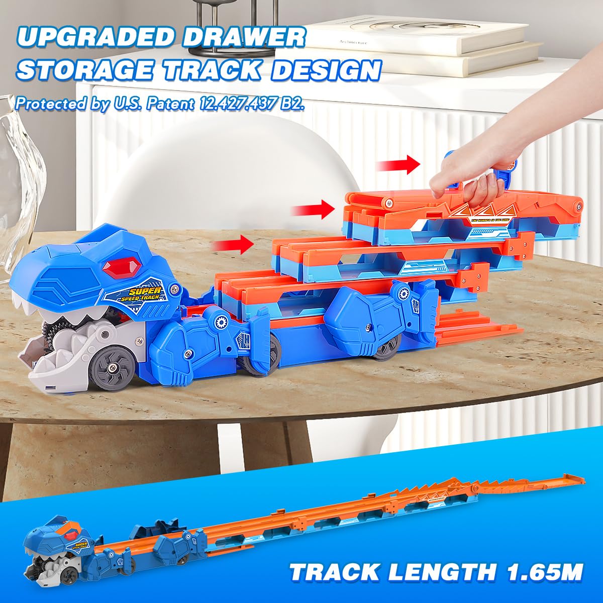 TERRAMUS Dinosaur Transport Truck Toy for Kids - 3 in 1 Ejection Folding Track Toys w/Sound 8 Race Cars, Portable Vehicles Set Best Gift for Boys Girls 3 4 5 6 Years Old - Possesses Invention Patents