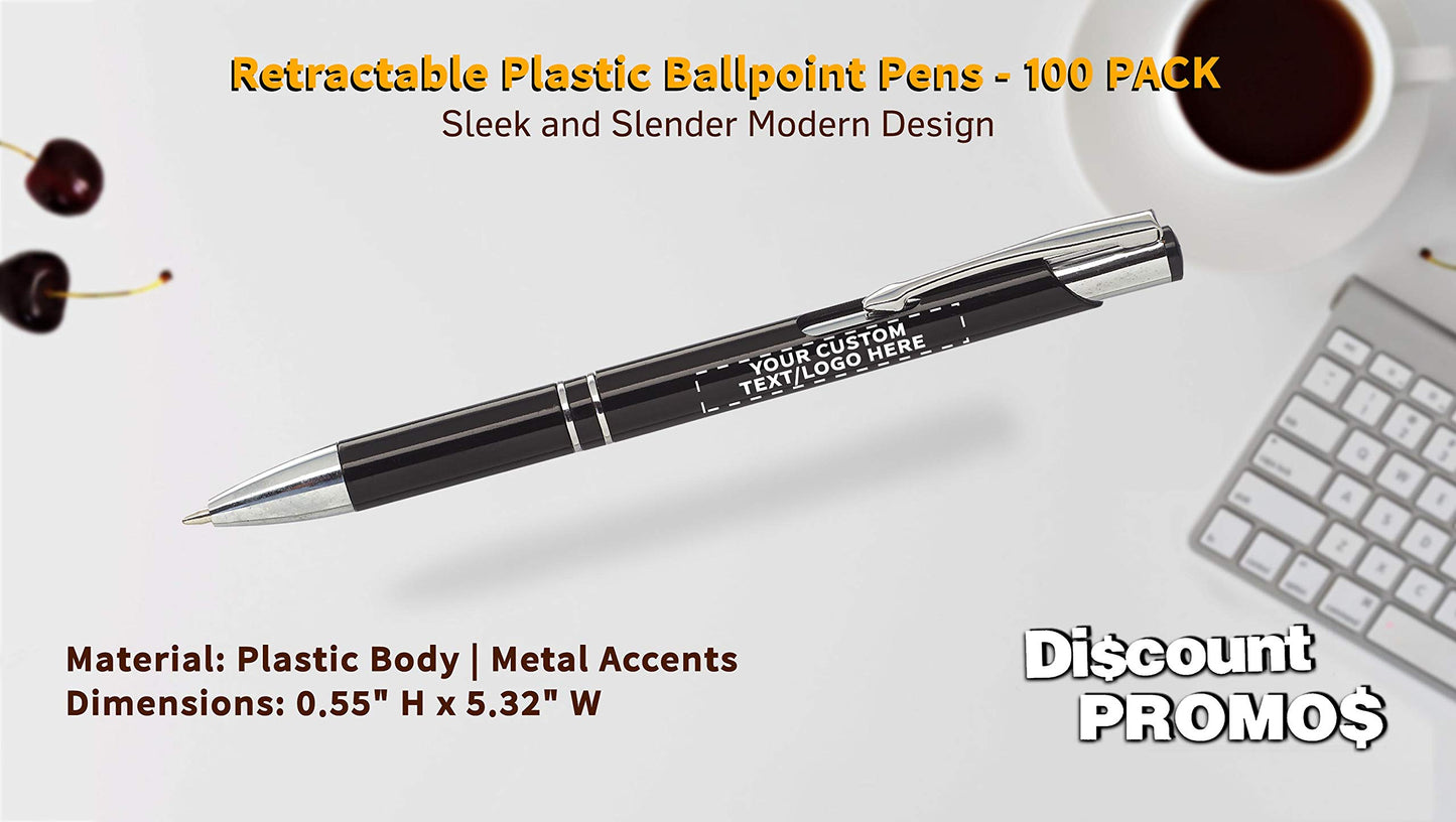 DISCOUNT PROMOS Personalized Retractable Plastic Ballpoint Pens - 100 pack - Plastic Pens - Customizable Text, Logo - Black