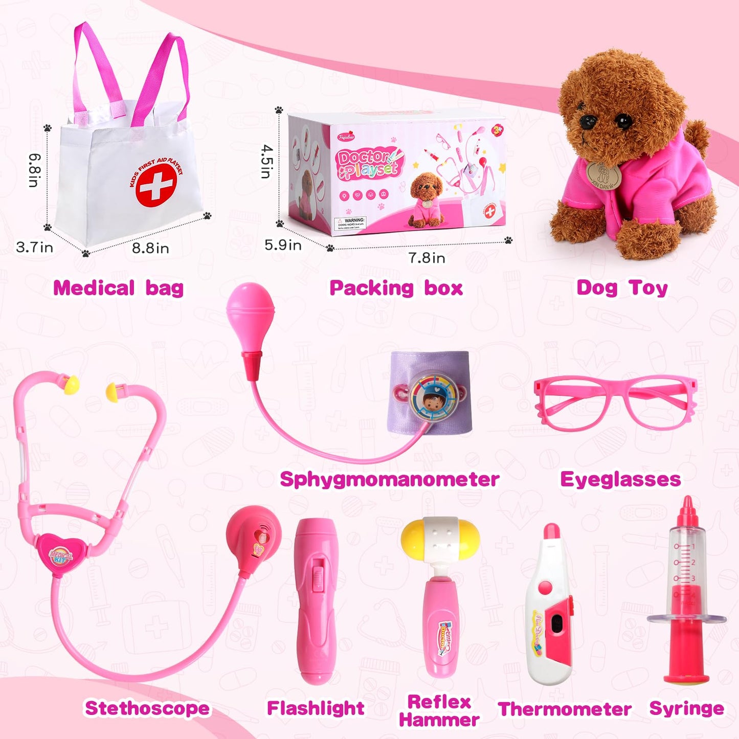 Doctor Kit for Toddlers 3-5 Girl Toys Birthday Gift for 2 3 4 Year Old Girls Kids Doctors Play Set with Plush Dog, Toy Stethoscope & Carrying Bag for Veterinarian Pretend Play