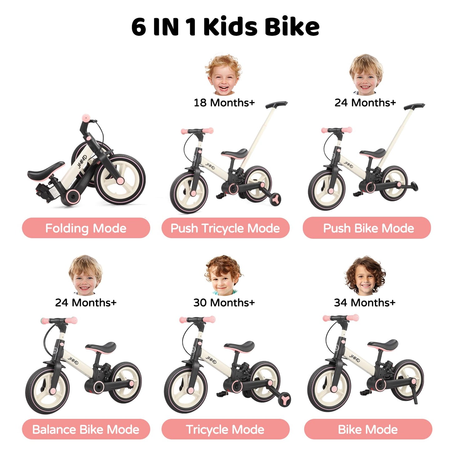 JMMD 6 in 1 Toddler Bike with Push Handle for Kids 18-60 Months, 12" Foldable Balance Bike with Training Wheels, Pedals, Brakes, Kickstand, Push Tricycle Toddler Gift & Toys for Boy & Girl