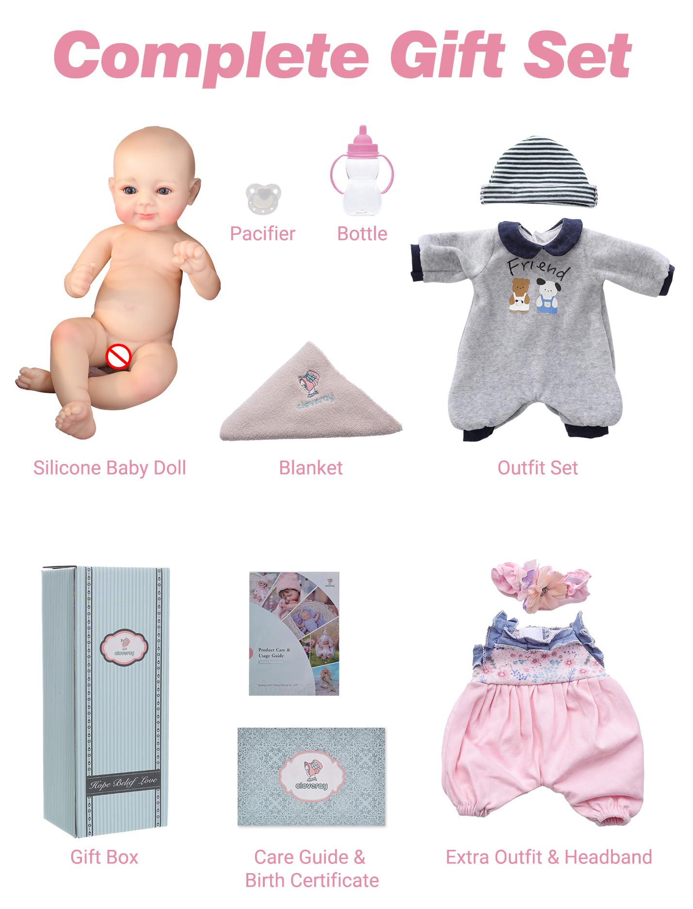 Cloveray Silicone Baby Doll, 12 Inch Full Body Platinum Silicone Reborn Baby Doll with Accessories Set, 2 Lb Weighted, Realistic Feel, Heartfelt Gift for Kids and Collectors, Ages 3+, Girl