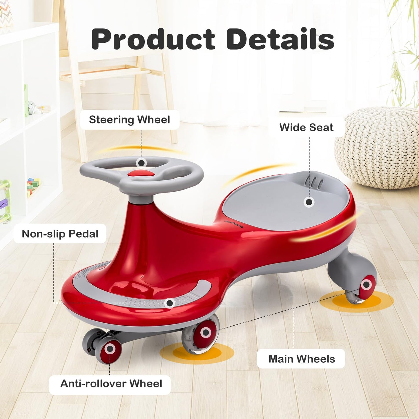 HONEY JOY Wiggle Car, 2 in 1 Swing Car for Kids, LED PU Flashing Wheels, No Batteries, Gears or Pedals, Uses Twist, Turn, Ride On Toy for Toddlers Boys Girls 3 Years and Up (Red)