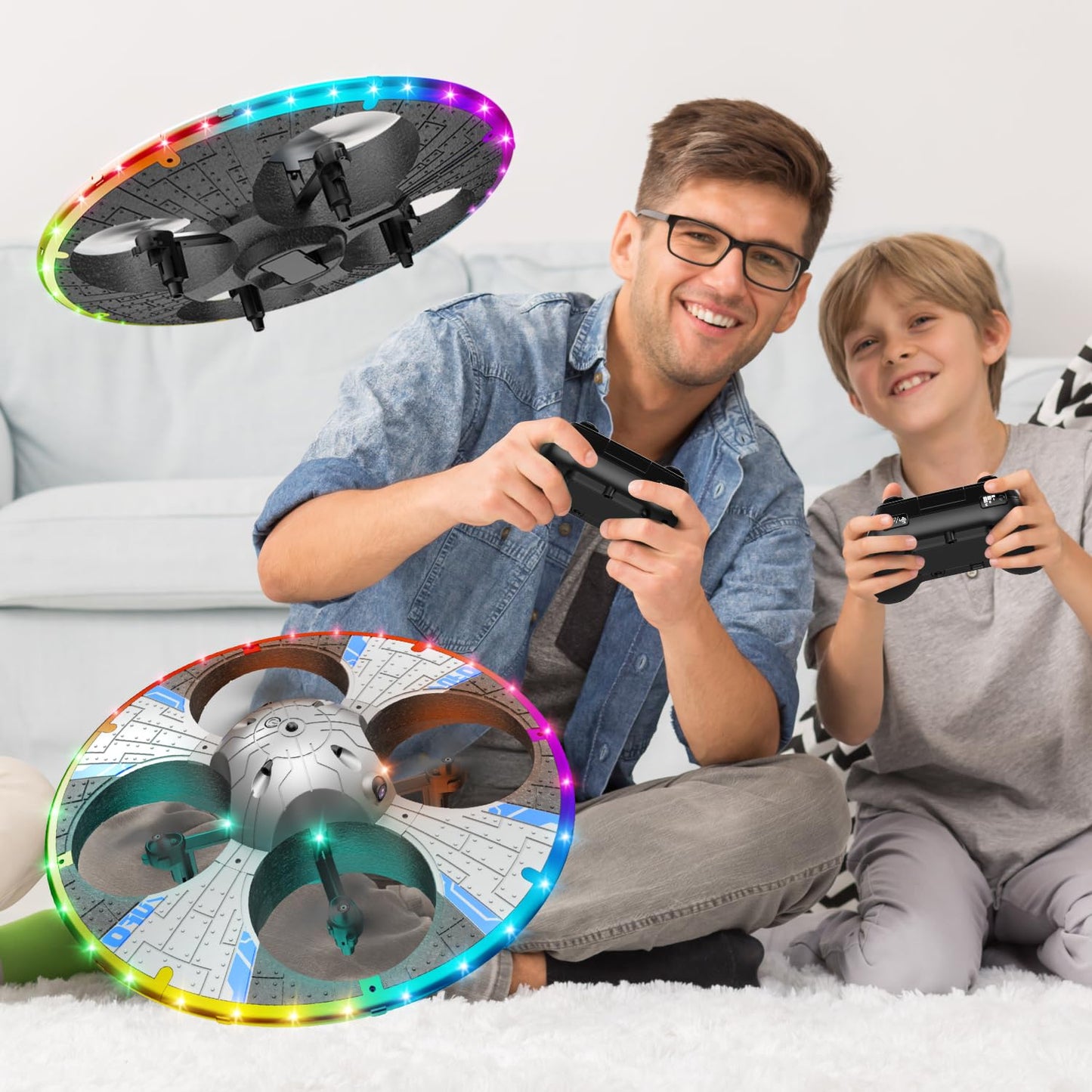 Round Foam RC UFO Drone with Camera, Multi-Color LED Lights (Color Switching), 360° Flips, Speed Adjustment, Beginner-Friendly FPV Quadcopter Airplane (Silvery)