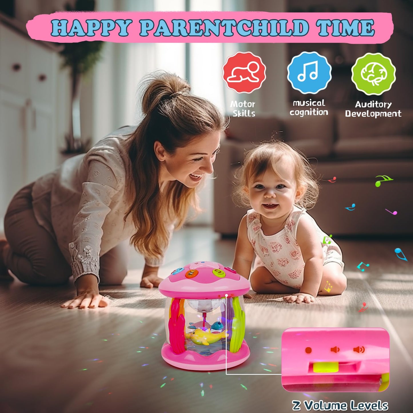 M SANMERSEN Baby Girl Toys 6-12 Months - Babies Ocean Rotating Projector Light Up Musical Toys for 12-18 Months Crawling Learning Tummy Time 1 2 Years Old Infant Boys Girls Pink