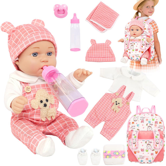 UNICORN ELEMENT 12" Baby Dolls with Backpack Carrier,12 Inch Baby Doll Accessories Cute Hat Pacifier Bottle Diaper Doll Playset for 3+ Year Old Kids