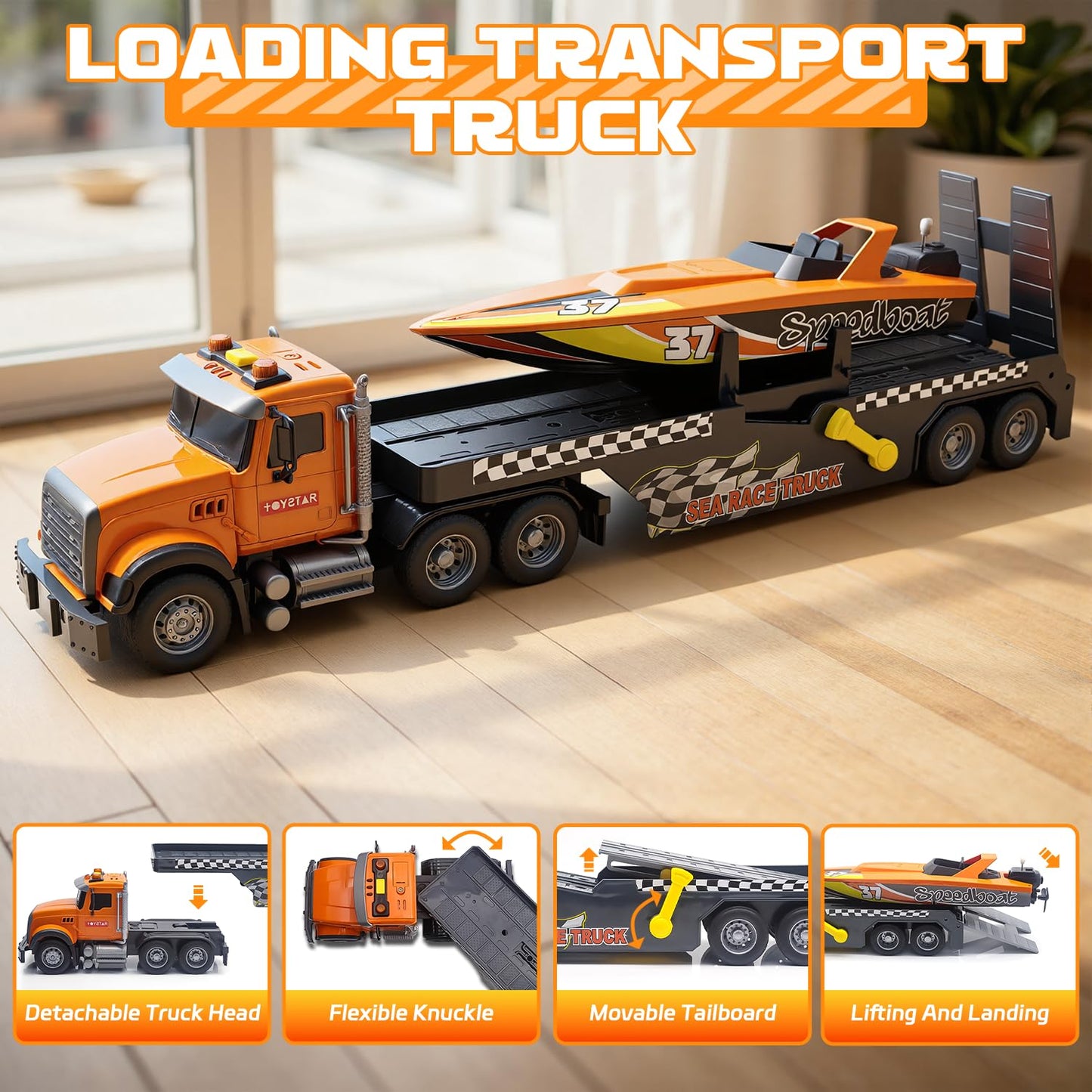 Kids Toys for 3 4 5 6 Years,21" Semi Transport Truck Toy with Speedboat Vehicle Cars, Friction Powered Extra Large Truck Vehicle with Lights & Sounds for Boys Girls Toddlers Christmas Birthday Gifts