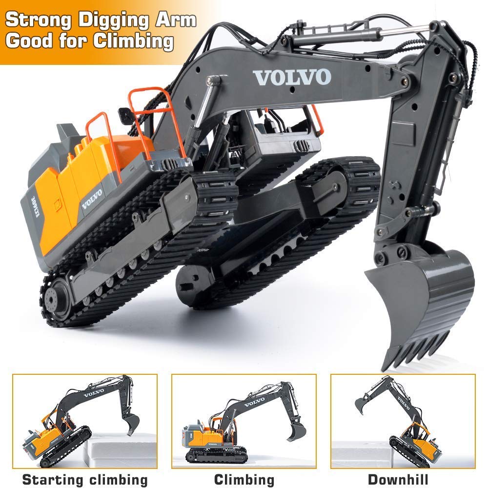 Double E Volvo 1:16 Scale Remote Control Excavator, 17 Channel 3-in-1 Construction Toy with Metal Shovel, Drill, Grab & Lights, 2.4GHz Full Function Digger for Outdoor Sandbox, Gift for Kids & Adults