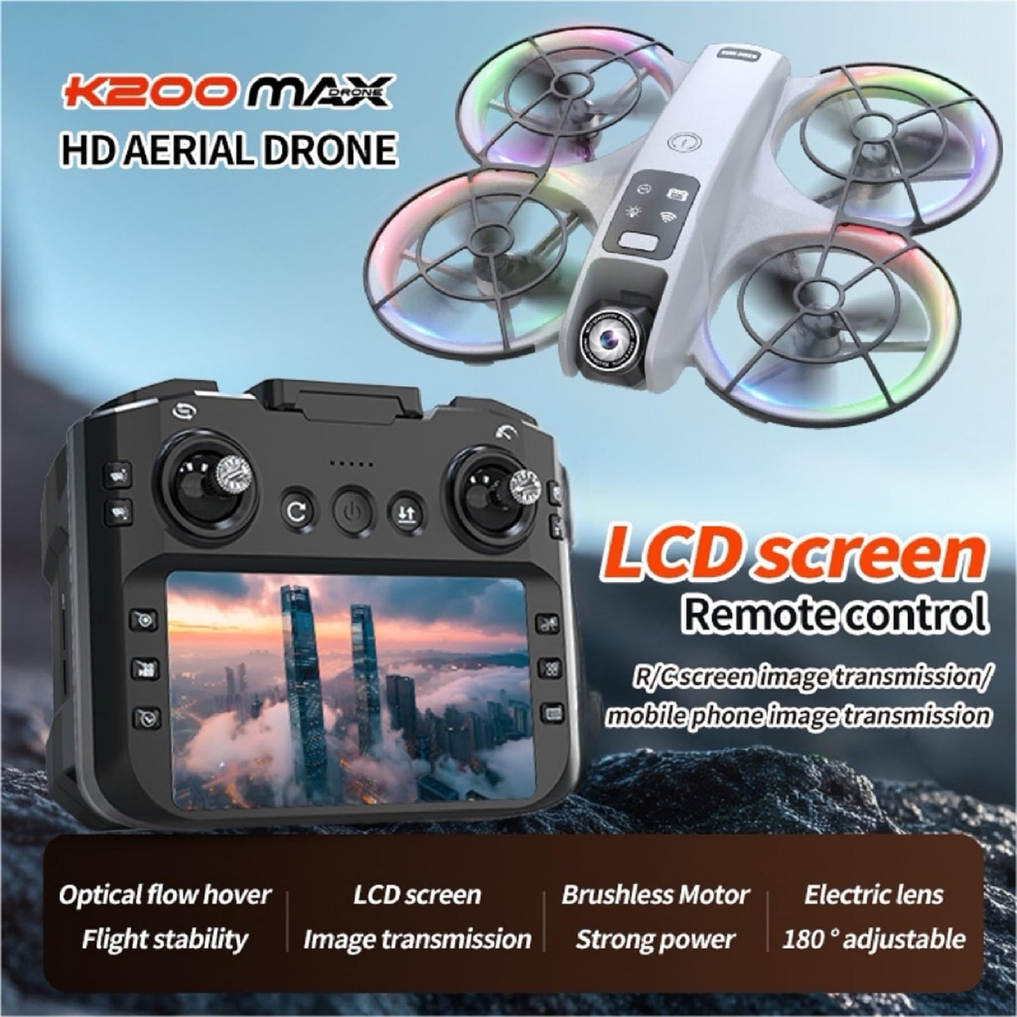 elecci Big-Size K200 Max Drone with 4.8-Inch Screen Controller with SD Card, Two-batteries, Brushless Motor, Optical Flow Positioning, with Black Outdoor Carrying Case.